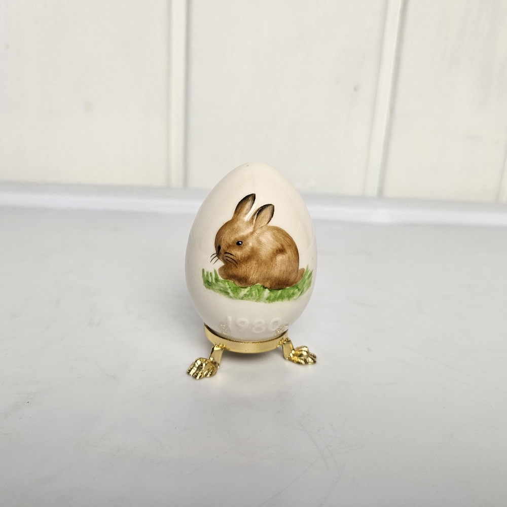 Vintage 1980s Handpainted Goebel Bunny on Porcelain Egg with Stand